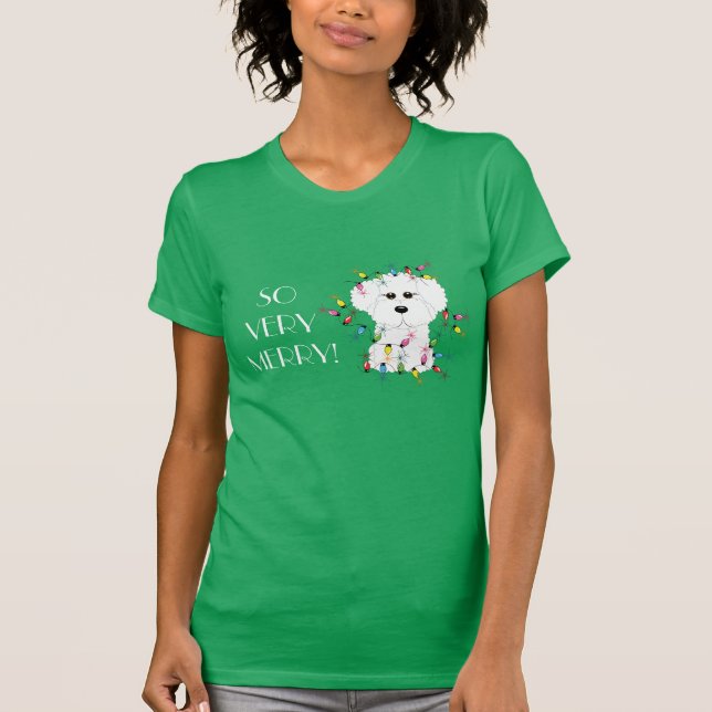 Camiseta ¡TAN MUY FELIZ! Luces de navidad de Bichon Frise (Anverso)