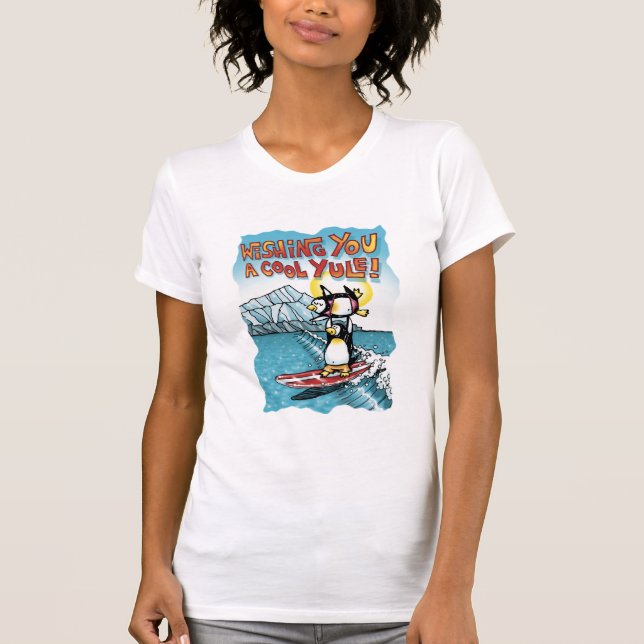 Camiseta Tándem fresco de Yule que practica surf pingüinos (Anverso)