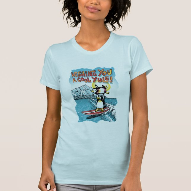 Camiseta Tándem fresco de Yule que practica surf pingüinos (Anverso)
