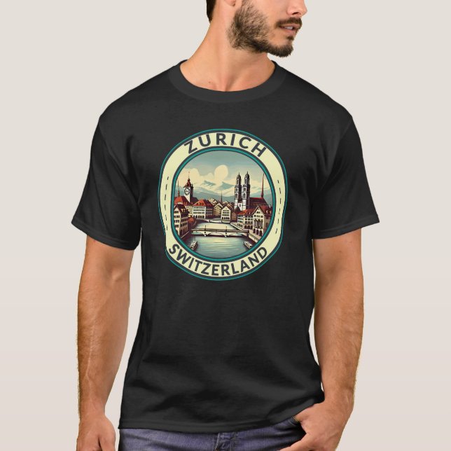 Camiseta Tarjeta de arte de viajes Zurich Suiza Ilustracion (Anverso)