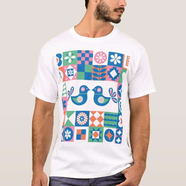 Camiseta Tarjeta floral folclórica: Diseño escandinavo. (Anverso)