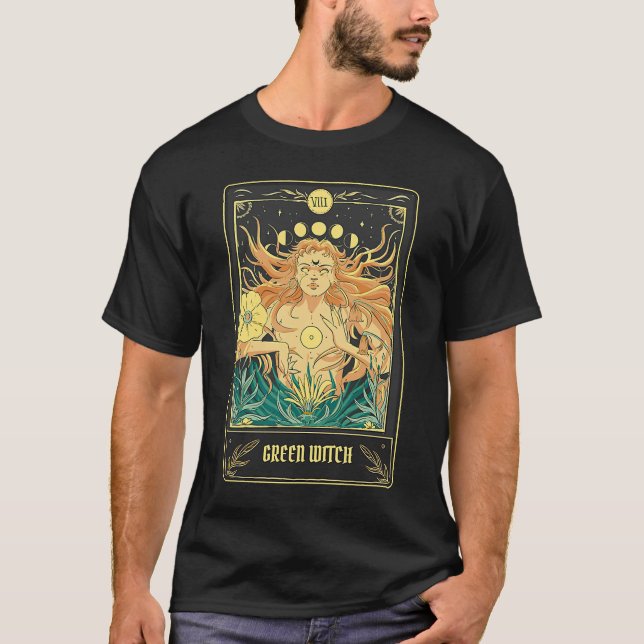 Camiseta Tarjeta Tarot de Bruja Verde Pagan Wicca Wiccan Re (Anverso)