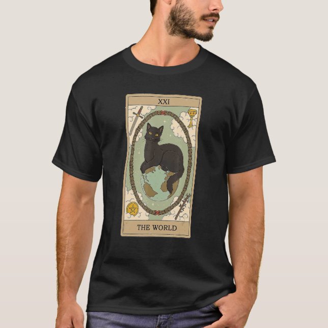 Camiseta Tarjeta Tarot El Mundo Y Gatos Gráficos Cósmicos (Anverso)