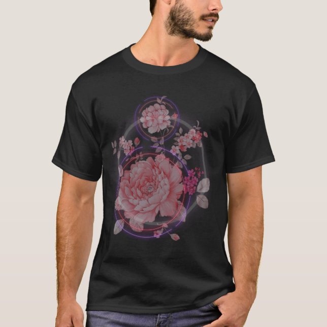 Camiseta Tarjetas Postales de Neón Impresión de Flores de N (Anverso)