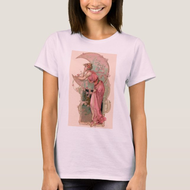 CAMISETA TAROTES / DAMA DE LA LUNA CON FLORES EN ROSA (Anverso)