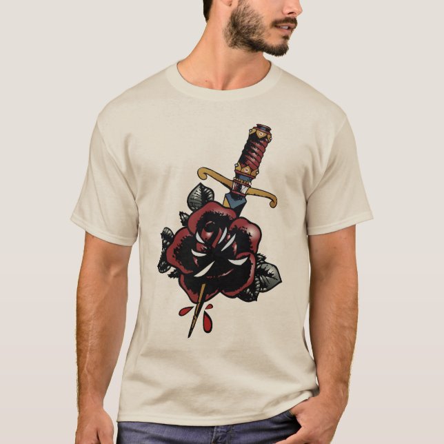 Camiseta tattoo couteau rose fleur dague poignard transperc (Anverso)