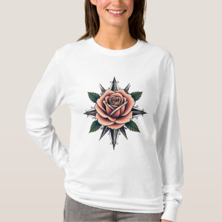 Camiseta Tattoo Style Rose Compass T-Shirt Design