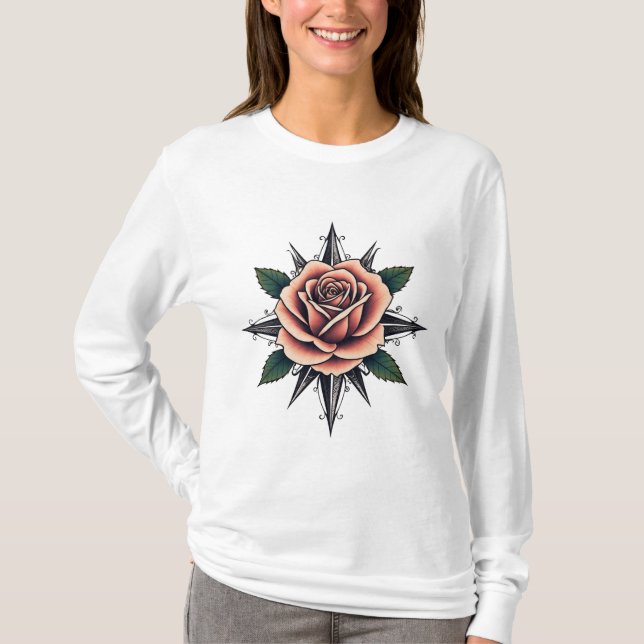 Camiseta Tattoo Style Rose Compass T-Shirt Design (Anverso)