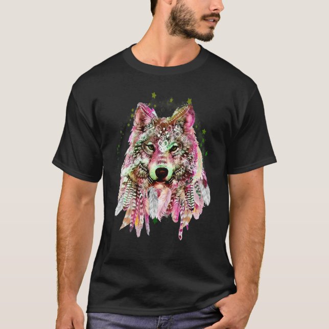 Camiseta Tatuaje bohemio tribal de cabeza de lobo nativo am (Anverso)