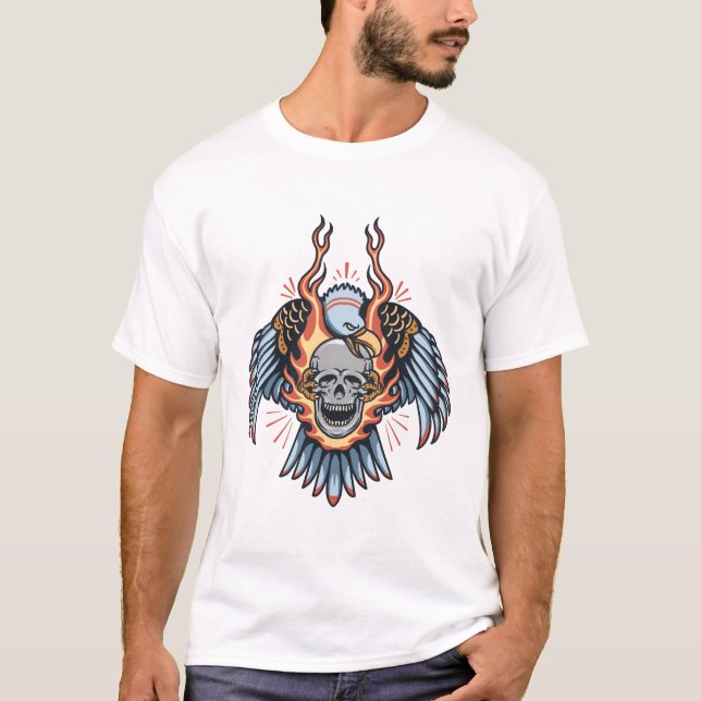 Camiseta Tatuaje de águila y calavera en llamas al estilo a (Anverso)