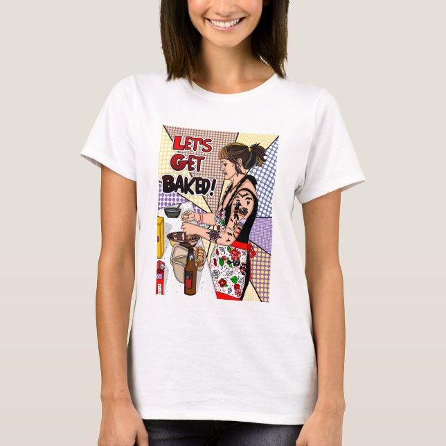 Camiseta Tatuaje de arte pop retro - Señora horneando en co (Anverso)