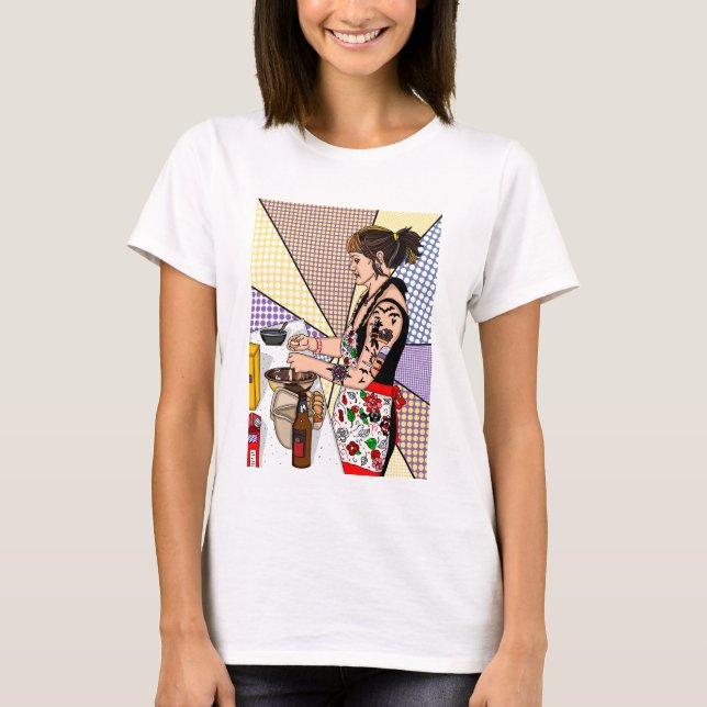 Camiseta Tatuaje de arte pop retro - Señora horneando en co (Anverso)