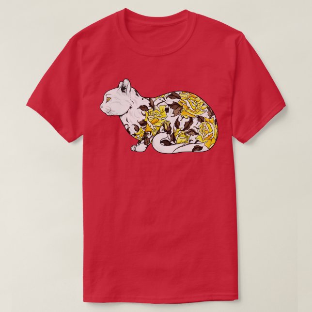 Camiseta Tatuaje De Gato En Rosas Amarillas (Diseño del anverso)