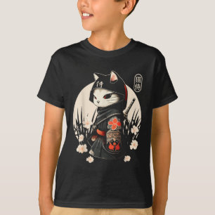 Camiseta Tatuaje de gato samurai japonés, gato Kawaii Ninja