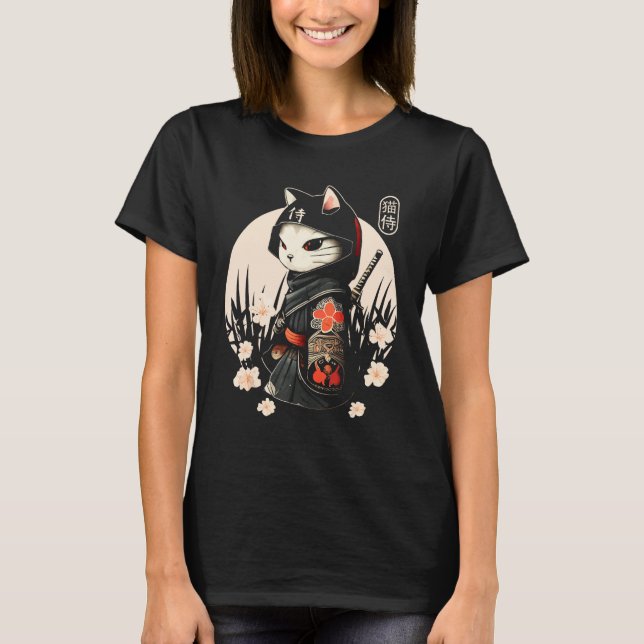 Camiseta Tatuaje de gato samurai japonés, gato Ninja (Anverso)