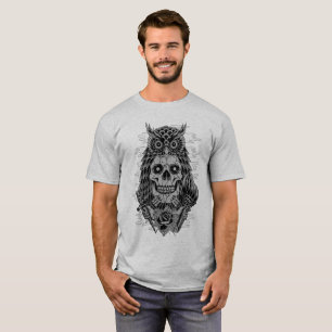 Camiseta Tatuaje de Rosa de Búho de Cráneo Gris