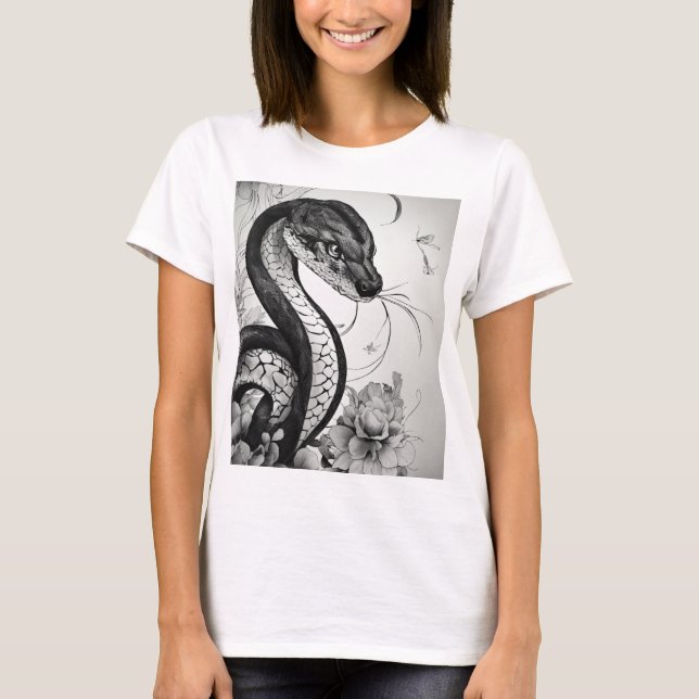 Camiseta Tatuaje de serpiente blanco y negro brillante y el (Anverso)