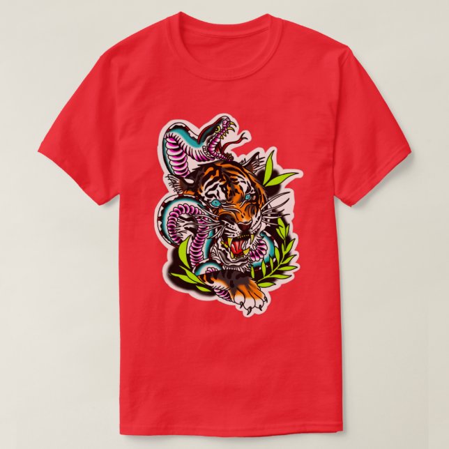 Camiseta Tatuaje de serpiente de tigre neo-tradicional (Diseño del anverso)