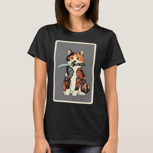 Camiseta Tatuaje estilo japonés de gato samurái (Anverso)