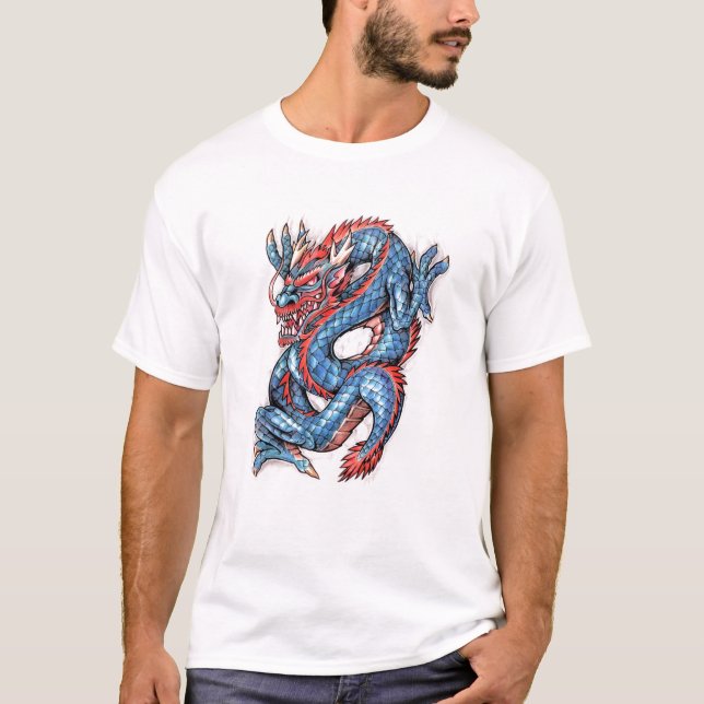 Camiseta Tatuaje oriental azul fresco del dragón (Anverso)
