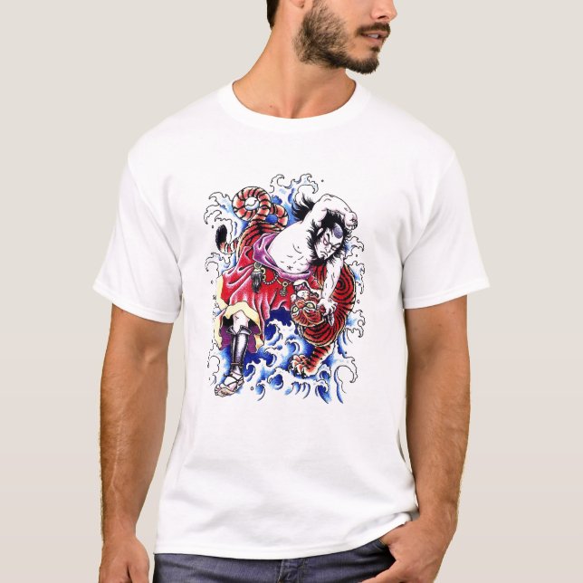 Camiseta Tatuaje oriental fresco del guerrero y del tigre (Anverso)