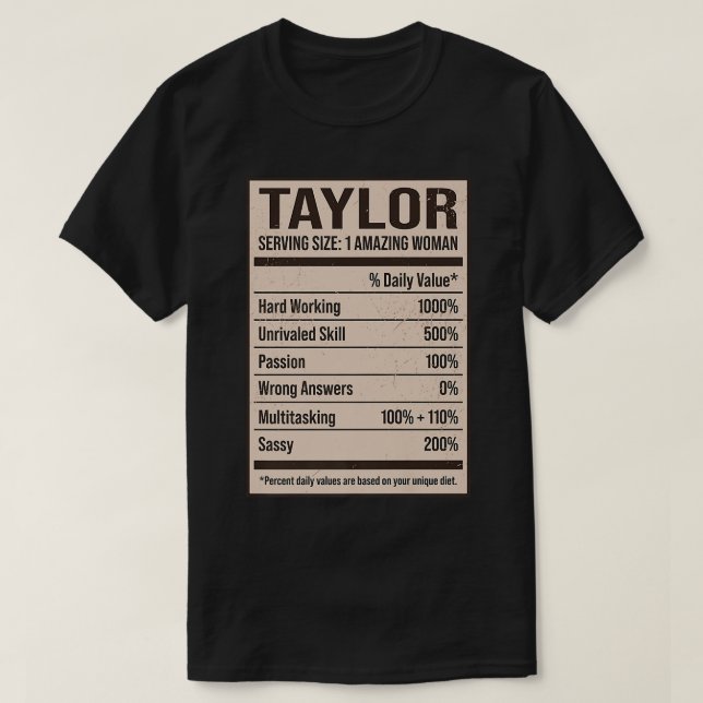 Camiseta Taylor Nutrition Facts Name Nickname Alias Title F (Diseño del anverso)