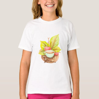 Camiseta Taza de café con hojas y arte de granos en acuarel