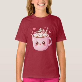 Camiseta Taza de chocolate caliente Kawaii linda con malvav