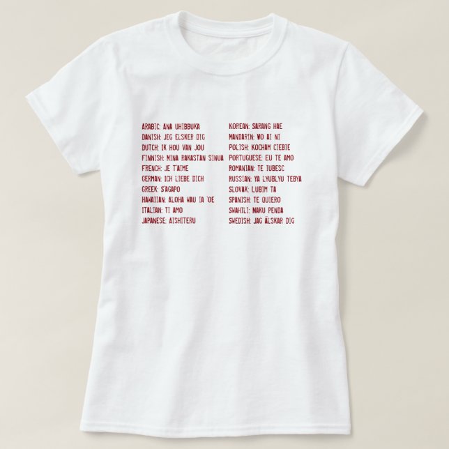 Camiseta Te amo en 20 otros idiomas (Diseño del anverso)