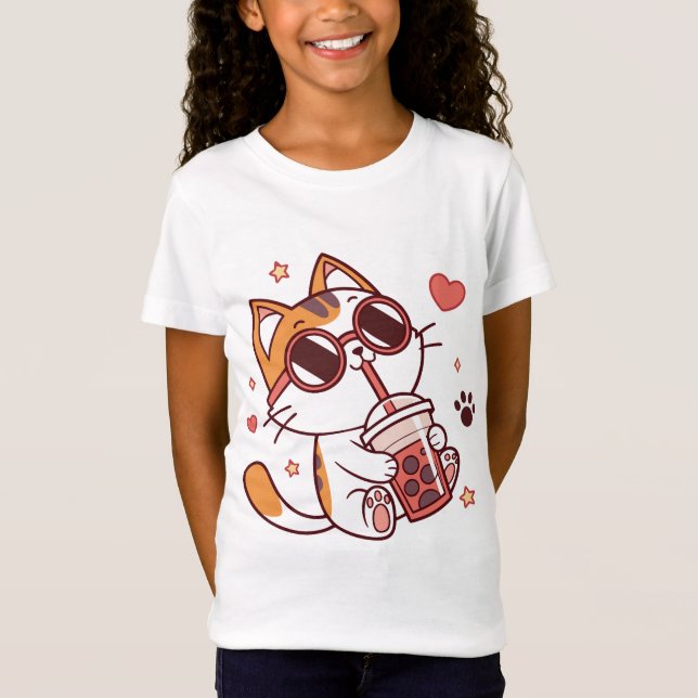 Camiseta Té Boba de gato lindo - Corazones y estrellas (Anverso)