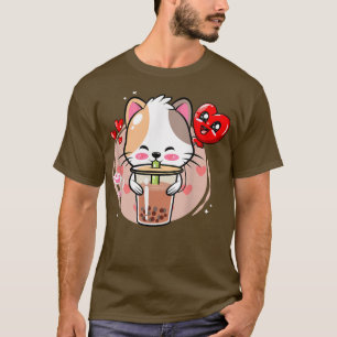 Camiseta Té de burbuja de té Boba Kawaii Anime japonés Neko