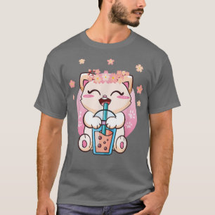 Camiseta Té de burbuja de té Boba Kawaii Anime japonés Neko