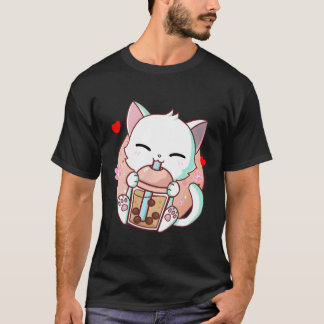 Camiseta Té de burbuja de té Boba Kawaii Anime japonés Neko