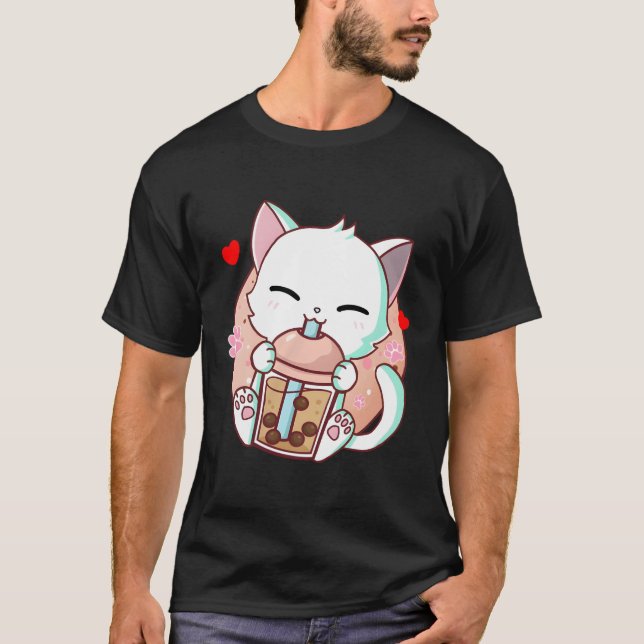Camiseta Té de burbuja de té Boba Kawaii Anime japonés Neko (Anverso)