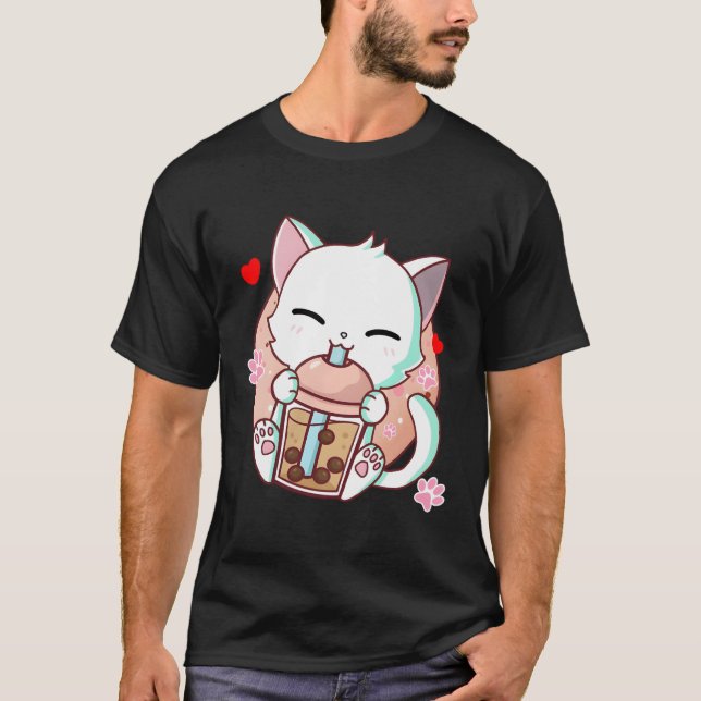 Camiseta Té de burbuja de té Boba Kawaii Anime japonés Neko (Anverso)