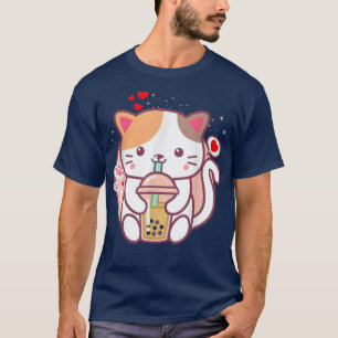 Camiseta Té de burbuja de té Boba Kawaii Anime japonés Neko