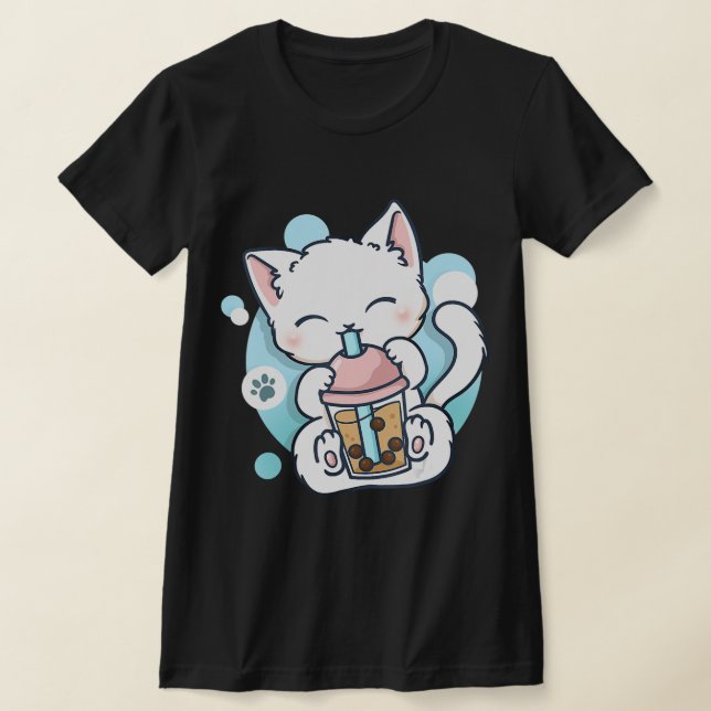 Camiseta Té de burbuja de té Boba Kawaii Anime japonés Neko (Distribución)