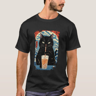 Camiseta Té de burbujas de gato negro Té de burbujas japoné