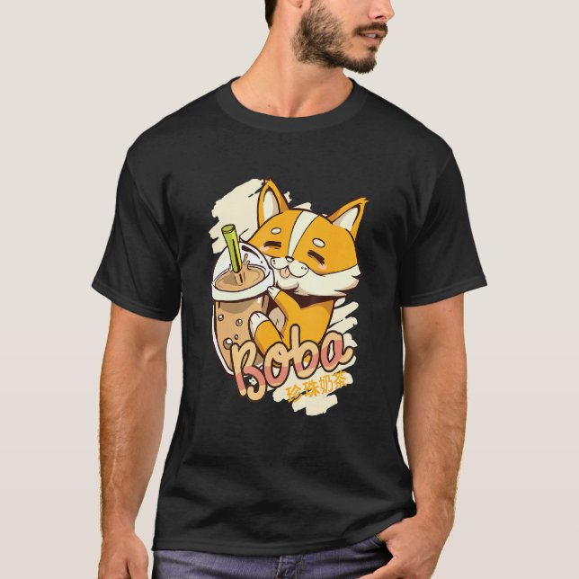 Camiseta Té de Leche con Burbujas de Boba Gráfico de Corgi (Anverso)