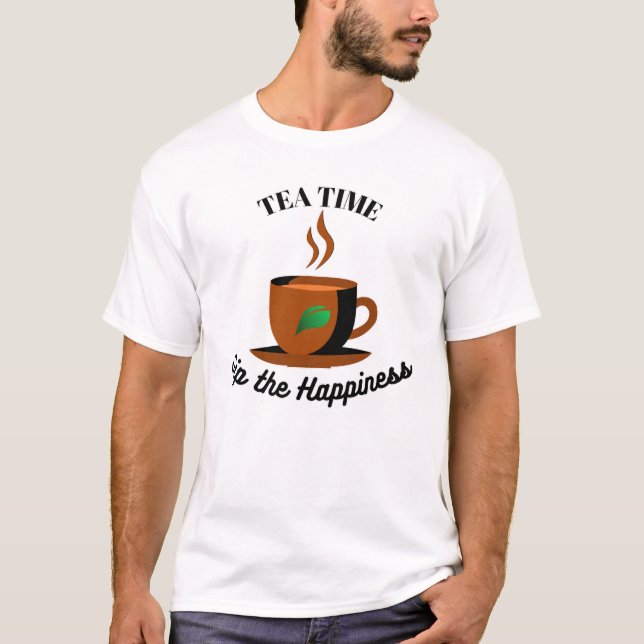 Camiseta té tiempo lindo naranja taza y hojas verdes (Anverso)