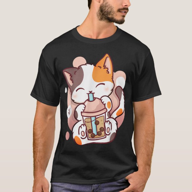 Camiseta Tea de burbuja de té Boba Tea Cat Anime Kawaii Nek (Anverso)