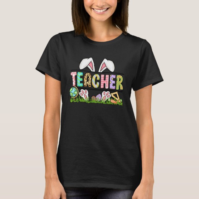 Camiseta Teacher Bunny Ears Leopard Pink Plaid Rabbit Eggs  (Anverso)