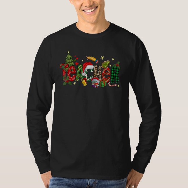 Camiseta Teacher Christmas Books Santa Leopard Plaid Cakes  (Anverso)