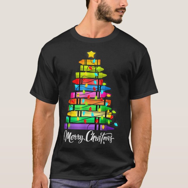 Camiseta Teacher Crayon Merry Christmas Tree Lights School  (Anverso)