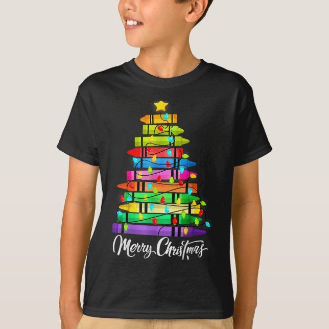 Camiseta Teacher Crayon Merry Christmas Tree Lights School  (Anverso)