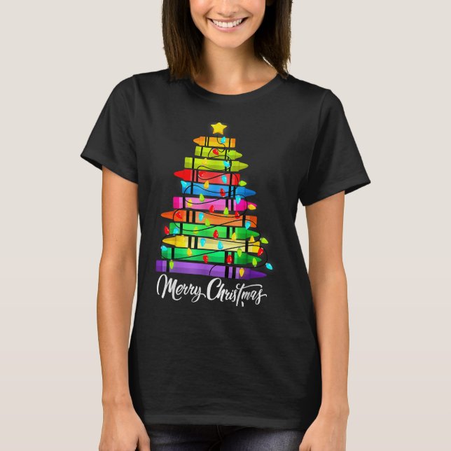 Camiseta Teacher Crayon Merry Christmas Tree Lights School  (Anverso)
