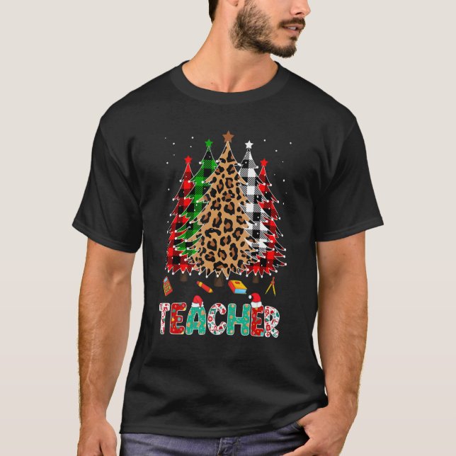 Camiseta Teacher Leopard Red White Green Plaid Christmas Tr (Anverso)