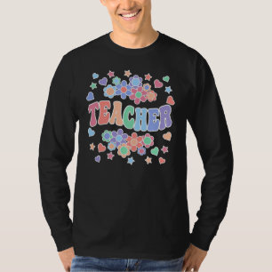 Camiseta TEACHER-Retro Groovy, flores, corazones, estrellas