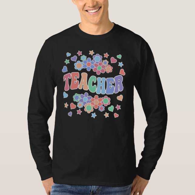 Camiseta TEACHER-Retro Groovy, flores, corazones, estrellas (Anverso)