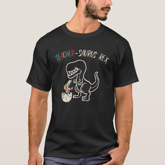 Camiseta Teachersaurus T-Rex Conciencia del Autism (Anverso)